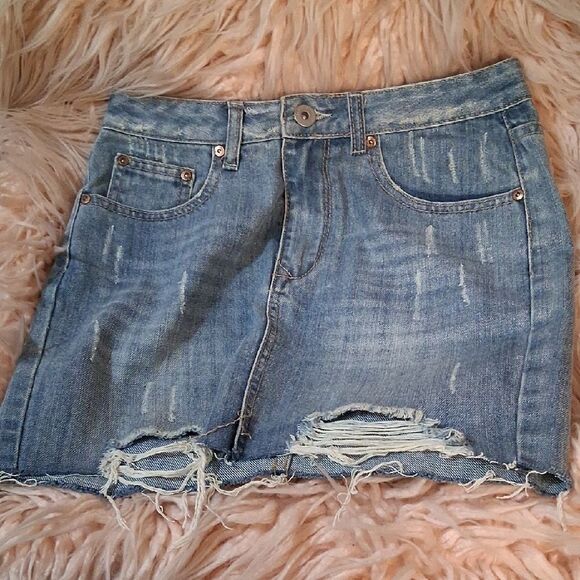 Dance & Marvel Blue Distressed Mini Skirt - Picture 1 of 6